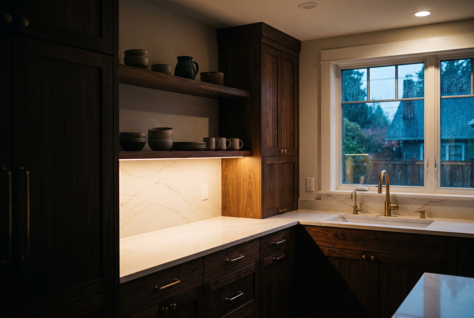 A walnut kitchen at dusk with warm light under the cabinets