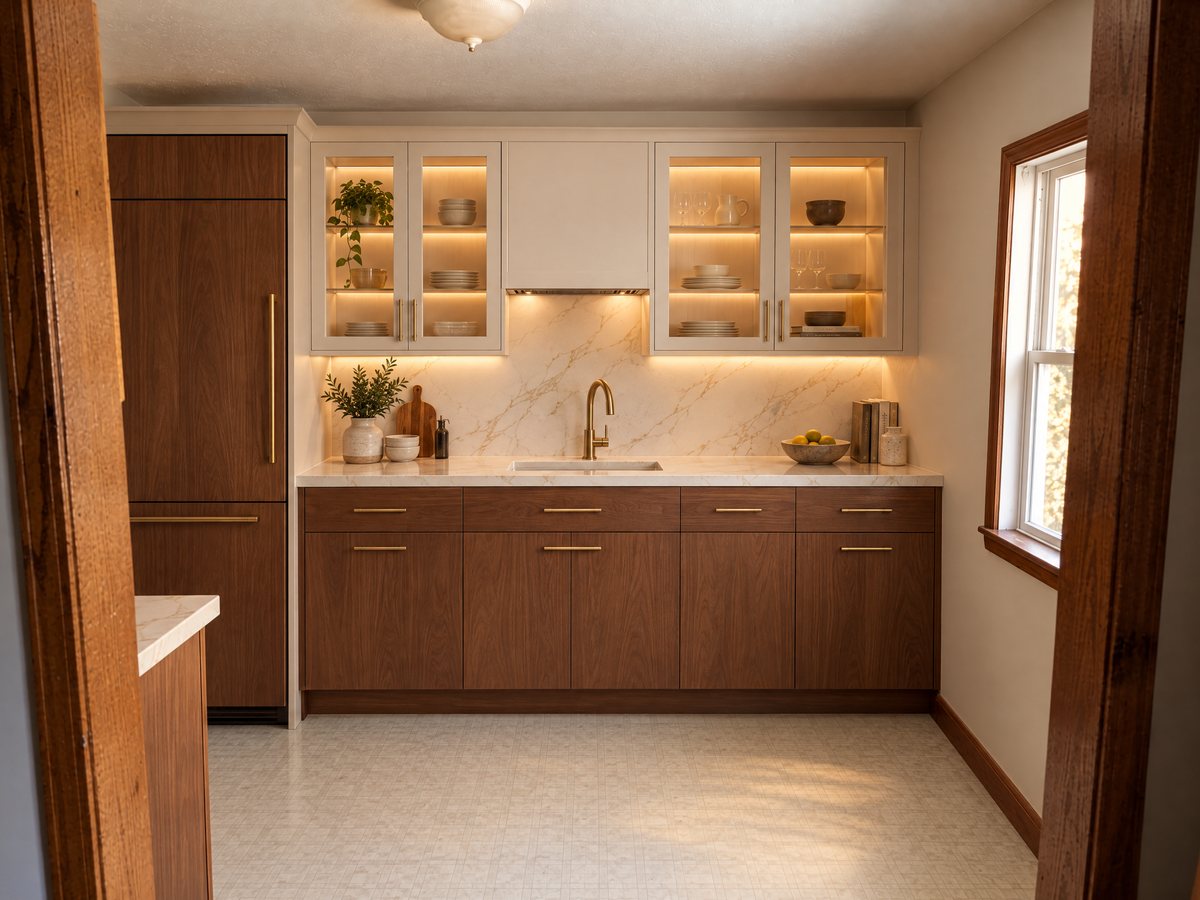 The same kitchen redone in walnut with quartz counters